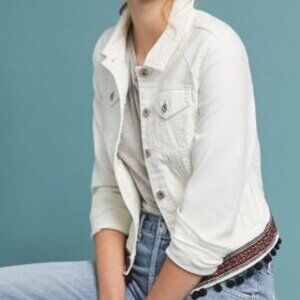 Anthropologie Pilcro Denim Jacket Intricate Embroidered Hem Pom Pom White Size S